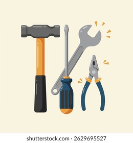 This illustration features a hammer, screwdriver, wrench, and pliers, arranged neatly and radiating small yellow triangles, all set against a light beige background.
