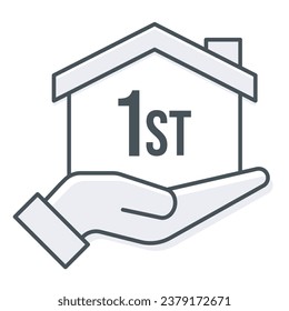Esta ilustración muestra una mano sosteniendo una casa con el número "1er" escrito en su interior, simbolizando el logro de la primera vez que la propiedad de una vivienda, un hito significativo en la vida.