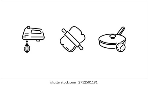 Esta ilustración cuenta con una batidora de mano, rodillo con masa y una sartén con temporizador, perfecto para proyectos culinarios