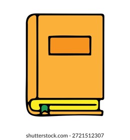 This illustration features a hand-drawn closed book with a vibrant yellow cover and a green bookmark. It is designed in a simple cartoon style with bold black outlines and flat colors. This graphic is perfect for educational materials, library posters, or various reading-themed projects.