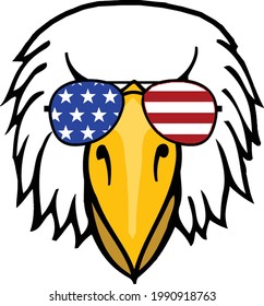 This illustration features the head of a bald eagle sporting a red white and blue pair of sunglasses. 