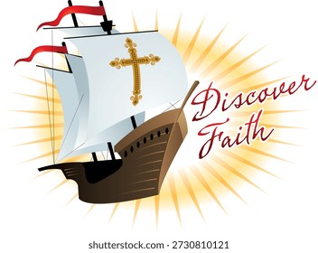 Esta ilustração apresenta um veleiro histórico, reminiscente do Santa María, com uma cruz de ouro proeminente em sua vela principal e a frase "Descubra a Fé". A imagem evoca temas de exploração religiosa, viagens históricas e descobertas culturais, comumente associados com Cristóvão Colombo e a era da exploração marítima inicial. Ele pode ser usado para projetos educacionais, religiosos ou de temática histórica.