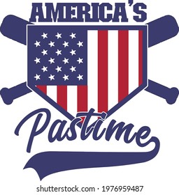 This illustration features home base with US colors, crossed bats and text that reads America's pastime.