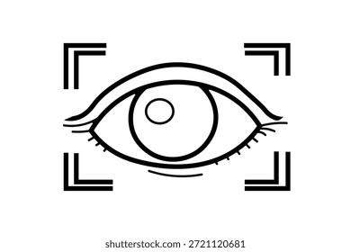 Esta ilustração apresenta um olho humano entre os cantos das marcas de focagem. O design representa visão computacional ou digitalização biométrica.
