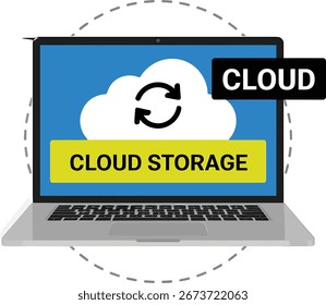 This illustration features a laptop displaying a cloud storage solution, emphasizing data synchronization and secure file management. Ideal for businesses seeking scalable and reliable data access, t