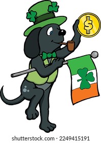 This illustration features a leprechaun dog with gold coin and flag.