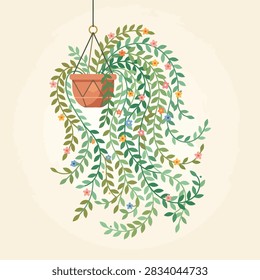 This illustration features a lush, trailing houseplant suspended in a simple clay pot. The foliage consists of long, cascading vines adorned with tiny, colorful blossoms in shades of pink, yellow and blue. The composition is centered against a soft, neutral background, creating a calm and organic aesthetic suitable for interior design concepts