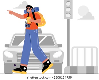 This illustration features a male traveler confidently crossing a busy highway, and heading to a new destination. 