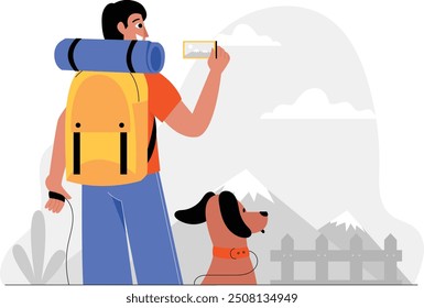 This illustration features a man with a backpack and a happy expression, taking a picture against the backdrop of a mountain view with his cell phone and with his dog standing beside him.