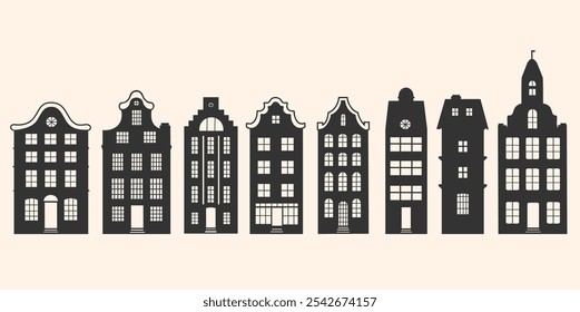 This illustration features many different types of Danish building houses, retro houses.