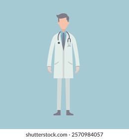 This illustration features a medical professional wearing a white lab coat, formal attire including a tie, and a stethoscope around the neck.