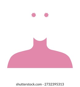 Diese Illustration zeigt eine minimalistische und künstlerische Silhouette von Kopf und Schultern einer Frau. Das Design ist in einem weichen rosa Farbton auf einfarbigem weißem Hintergrund gerendert, was eine saubere und moderne Ästhetik hervorhebt. Eine einzigartige kreative Note wird mit zwei kleinen rosa Blumensymbolen hinzugefügt, die dort platziert sind, wo die Augen sein würden, was auf ein Thema der Natur, Schönheit und Vision hindeutet.
