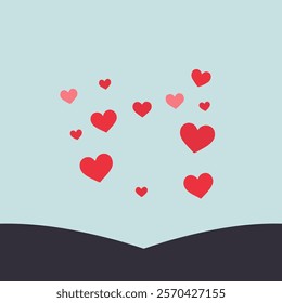 This illustration features multiple red and pink heart shapes of varying sizes floating against a light blue background. The hearts are arranged in a way that suggests they are rising or floating.