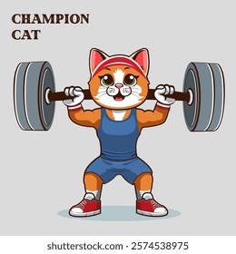 This illustration features a muscular orange cat lifting a heavy barbell. Dressed in a blue singlet, red sneakers, and a headband, the "Champion Cat" exudes strength and determination. Fun and energet