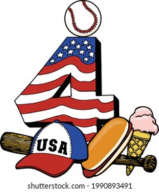 This Illustration Features Number 4 With Items From A Baseball Game Like A Ball, Hat, Hot Dog And Ice Cream Cone.