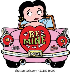 This illustration features an old school cartoon girl in a pick thunderbird with the words be mine.
