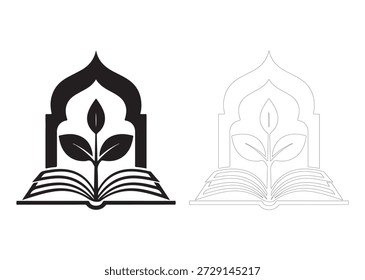Esta ilustração apresenta um livro aberto com uma planta crescendo a partir dele, cercado por uma bela forma de arco. O design é simples, mas elegante, tornando-o perfeito para uso como logotipo ou ícone. O esquema de cores preto e branco dá à ilustração uma sensação atemporal e versátil, adequada para várias aplicações na educação, literatura e espiritualidade. A imagem transmite uma sensação de crescimento, conhecimento e harmonia com a natureza.
