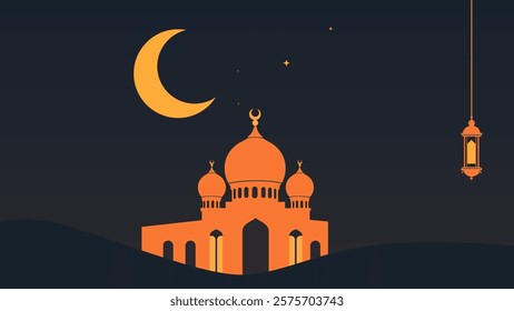 This illustration features an orange mosque with three domes, each topped with a crescent moon, set against a dark blue night sky.