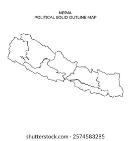 This illustration features the outline map of Nepal, clearly displaying its political borders and regions. The map is unfilled and highlights the countrys unique shape and geography.