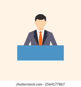 This illustration features a person in a suit with a red tie, standing behind a blue podium. The person has short, dark hair and is depicted in a minimalist, flat design style.