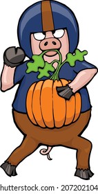 This illustration features a pig football player holding a pumpkin as the football. 