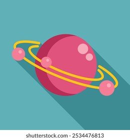 This illustration features a pink planet with three orbiting satellites, symbolizing space exploration and the vastness of the cosmos