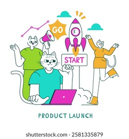 This illustration features a playful scene of cats celebrating a product launch with a rocket, signifying the excitement of new beginnings. The collaboration shows joy and innovation around launching
