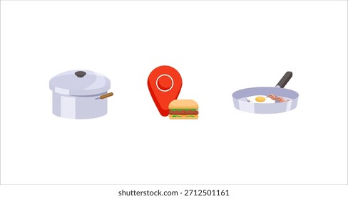 Diese Illustration zeigt einen Topf, einen Fixierstift mit einem Burger und eine Pfanne mit gebratenem Ei und Speck