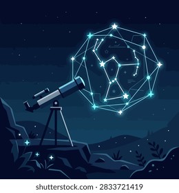 This illustration features a professional telescope positioned on a rocky cliff edge, pointed toward a vibrant, glowing geometric constellation floating in the dark night sky. The scene is rendered in a flat, stylized aesthetic with a deep blue color palette, emphasizing the contrast between the dark landscape and the luminous celestial patterns. The composition evokes a sense of scientific discovery and wonder, highlighting the connection between terrestrial observation and the vast mysteries of the cosmos