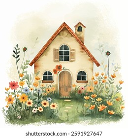 This illustration features a quaint small home with a welcoming wooden door, set amidst a colorful array of flowers. Lush greenery enhances the tranquil rural atmosphere