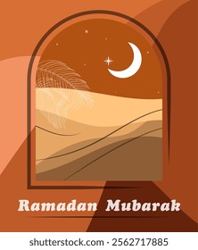 This illustration features a Ramadan Mubarak theme with date palm leaves, crescent moon and stars, Suitable for greeting cards, posters, invitations, or promotional media during ramadan