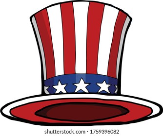 This illustration features a red white and blue top hat while  holding a US flag. 
