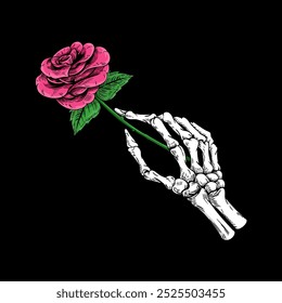 This illustration features a rose held by a skull.