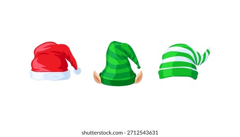 This illustration features a Santa hat, an elf hat with ears, and a striped green hat, all perfect for holiday celebrations