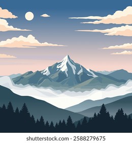 This illustration features a serene mountain landscape with a prominent snow-capped peak in the center, surrounded by smaller mountains. The sky above is clear with a few scattered clouds.