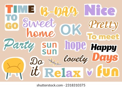 This illustration features a set of cozy-themed flat cartoon stickers and labels with stylish design and cute text. Vector illustration.
