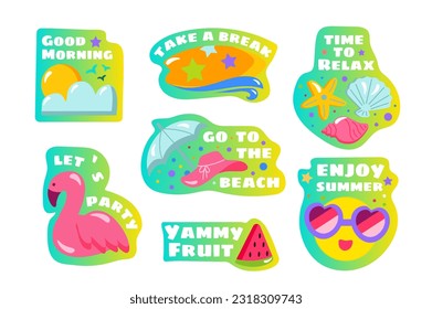 This illustration features a set of flat and cartoon-style summer-themed stickers with colorful designs and labels. Vector illustration.