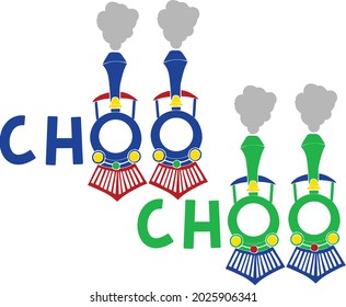 This illustration features several locomotives forming the letter O in the word choo choo.