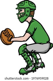 This Illustration Features The Side View Of A Young Baseball Catcher. 