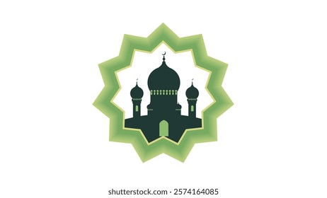 This illustration features the silhouette of a mosque with three domes and two minarets, set within a green, star-shaped frame with a gradient effect.