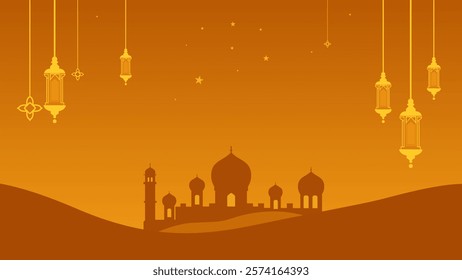 This illustration features a silhouette of a mosque with multiple domes and minarets, set against a gradient orange background. Hanging lanterns and stars in the sky enhance the festive and serene