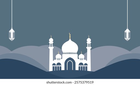 This illustration features a silhouette of a mosque with a large central dome and four minarets, each topped with a crescent moon.