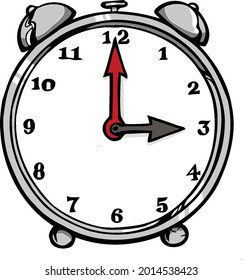 This illustration features a silver old fashion alarm clock with bells on top. 