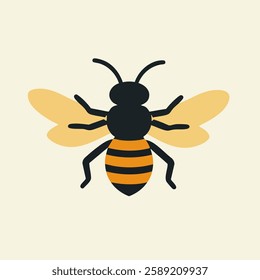 This illustration features a simple, stylized cartoon bee with a black body and orange stripes on its abdomen. The bee has black legs and antennae, with light yellow wings.