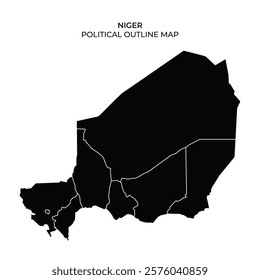 This illustration features a simplified black outline map of Niger, showcasing the countrys political boundaries without any additional details. The focus is on the shape and extent of the territory.