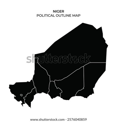 This illustration features a simplified black outline map of Niger, showcasing the countrys political boundaries without any additional details. The focus is on the shape and extent of the territory.