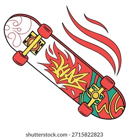 Diese Illustration zeigt ein Skateboard in Bewegung, das mit dynamischen roten Flammen und gelben Graffiti-Schriftzügen über seinem Deck dargestellt ist. Das Skateboard hat rote Räder und gelbe LKWs, und das Design enthält abstrakte Verwirbelungen und Muster in rot und blau. Von der Oberseite des Skateboards gehen rote Geschwindigkeitslinien aus, die Bewegung und Aufregung suggerieren. Das Kunstwerk wird in einem fetten, grafischen Stil mit klaren Umrissen und flachen Farben auf einfarbigem, weißem Hintergrund gerendert.