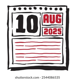 Diese Illustration zeigt einen schlanken Kalender 2025 mit klaren Datums- und Monatsmarkierungen, der für eine einfache Planung konzipiert wurde. Minimalistisch und organisiert, es hebt jedes Datum Monat und Notizzeilen 10 August