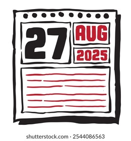 Esta ilustración presenta un elegante calendario de 2025 con marcas claras de fecha y mes, diseñado para una fácil planificación. Minimalista y organizado, destaca cada mes de fecha y líneas de nota 27 de agosto
