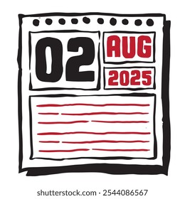 Esta ilustración presenta un elegante calendario de 2025 con marcas claras de fecha y mes, diseñado para una fácil planificación. Minimalista y organizado, destaca cada mes de fecha y líneas de nota 2 de agosto